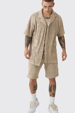 Oversized Ripple Pleated Shirt And Short Set | BoohooMAN UK