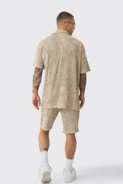 Oversized Ripple Pleated Shirt And Short Set | BoohooMAN UK