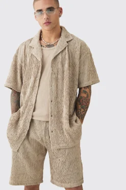 Oversized Ripple Pleated Shirt And Short Set | BoohooMAN UK