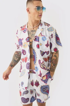 Oversized Ripstop Paisley Shirt & Mid Swim Short Set | BoohooMAN UK