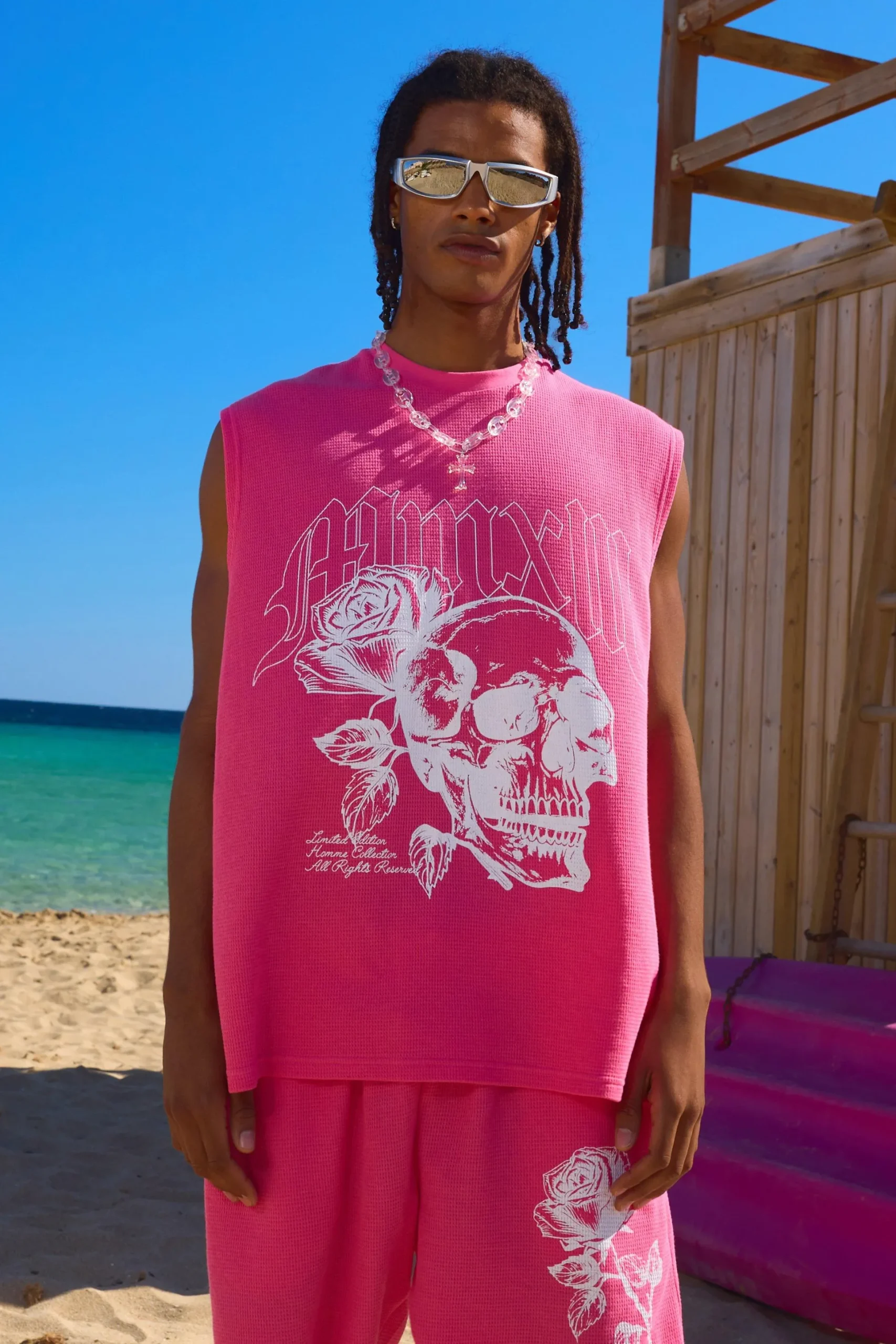 Oversized Rose Skull Waffle Large Printed Tank & Shorts Set | BoohooMAN UK
