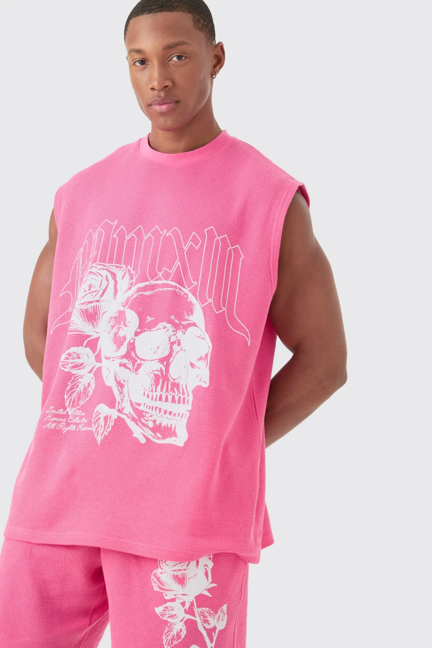 Oversized Rose Skull Waffle Large Printed Tank & Shorts Set | BoohooMAN UK