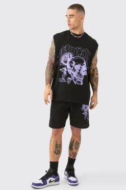Oversized Rose Skull Waffle Large Printed Tank & Shorts Set | BoohooMAN UK