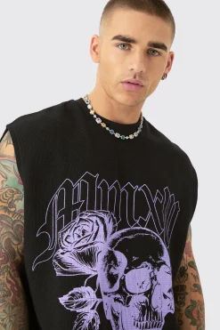 Oversized Rose Skull Waffle Large Printed Tank & Shorts Set | BoohooMAN UK