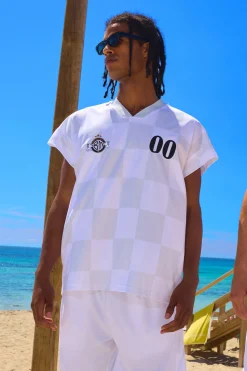 Oversized Rugby Dropped Shoulder Checkerboard Pique T-shirt | BoohooMAN UK