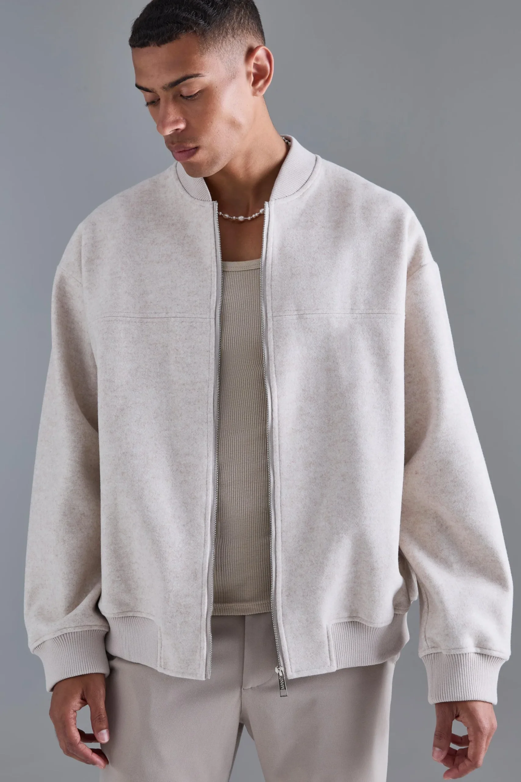Oversized Salt And Pepper Melton Bomber | BoohooMAN UK