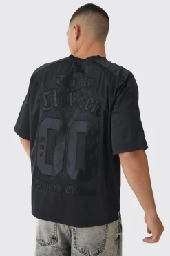 Oversized Satin And Denim Applique Varsity Tees | BoohooMAN UK