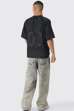 Oversized Satin And Denim Applique Varsity Tees | BoohooMAN UK