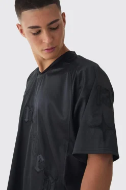 Oversized Satin And Denim Applique Varsity Tees | BoohooMAN UK