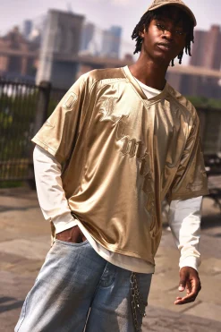Oversized Satin Applique Varsity Top | BoohooMAN UK
