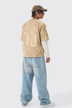 Oversized Satin Applique Varsity Top | BoohooMAN UK