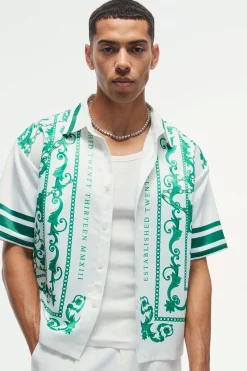 Oversized Satin Border Print Boxy Shirt | BoohooMAN UK