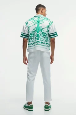 Oversized Satin Border Print Boxy Shirt | BoohooMAN UK