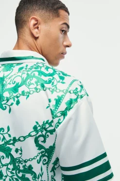 Oversized Satin Border Print Boxy Shirt | BoohooMAN UK