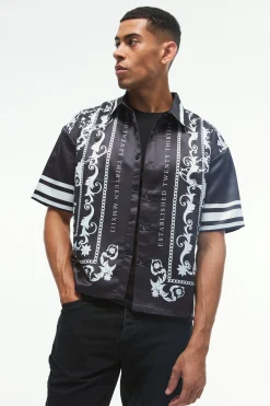 Oversized Satin Border Print Boxy Shirt | BoohooMAN UK