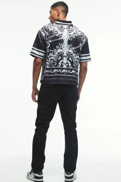 Oversized Satin Border Print Boxy Shirt | BoohooMAN UK