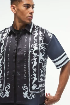 Oversized Satin Border Print Boxy Shirt | BoohooMAN UK