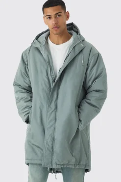 Oversized Satin Padded Longline Parka In Sage | BoohooMAN UK