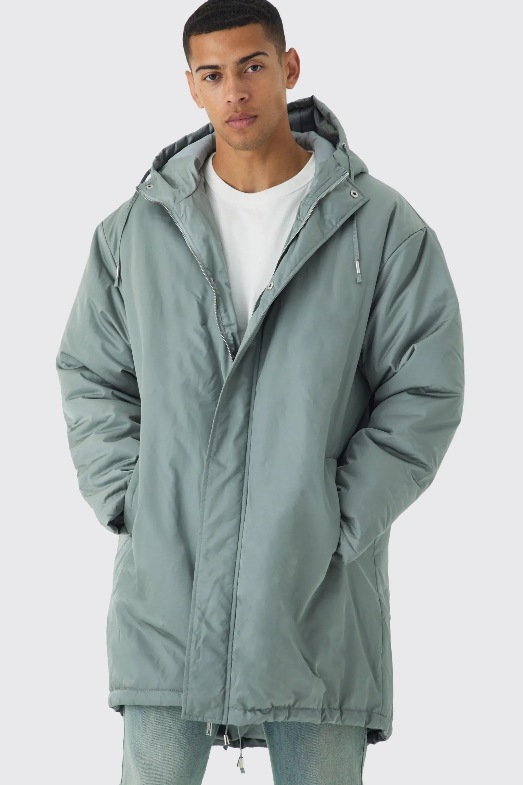 Oversized Satin Padded Longline Parka In Sage | BoohooMAN UK