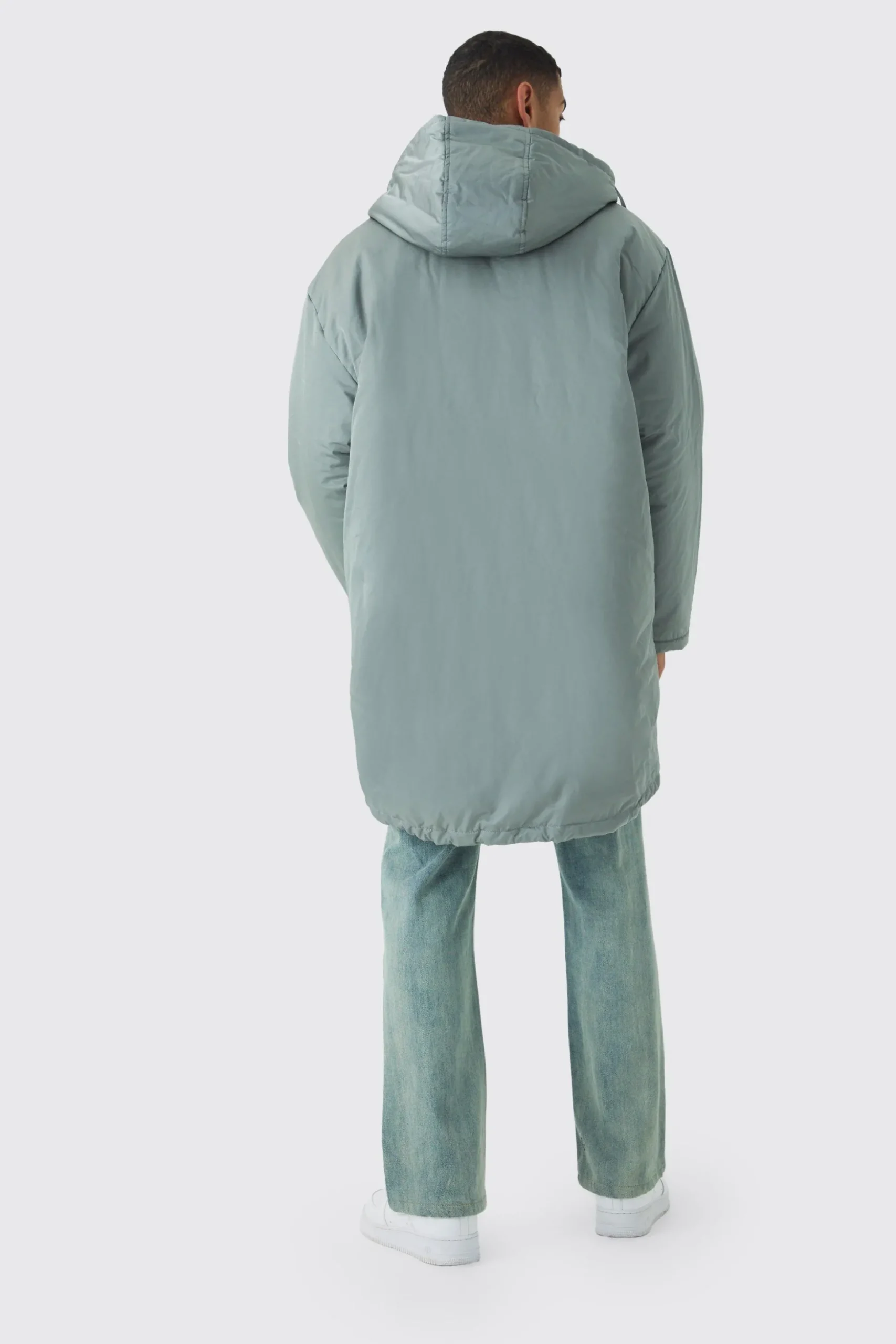 Oversized Satin Padded Longline Parka In Sage | BoohooMAN UK