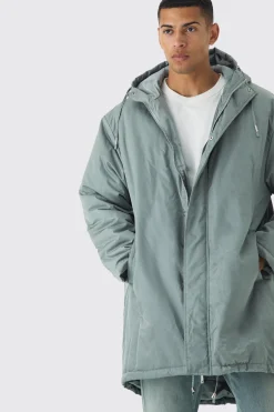 Oversized Satin Padded Longline Parka In Sage | BoohooMAN UK