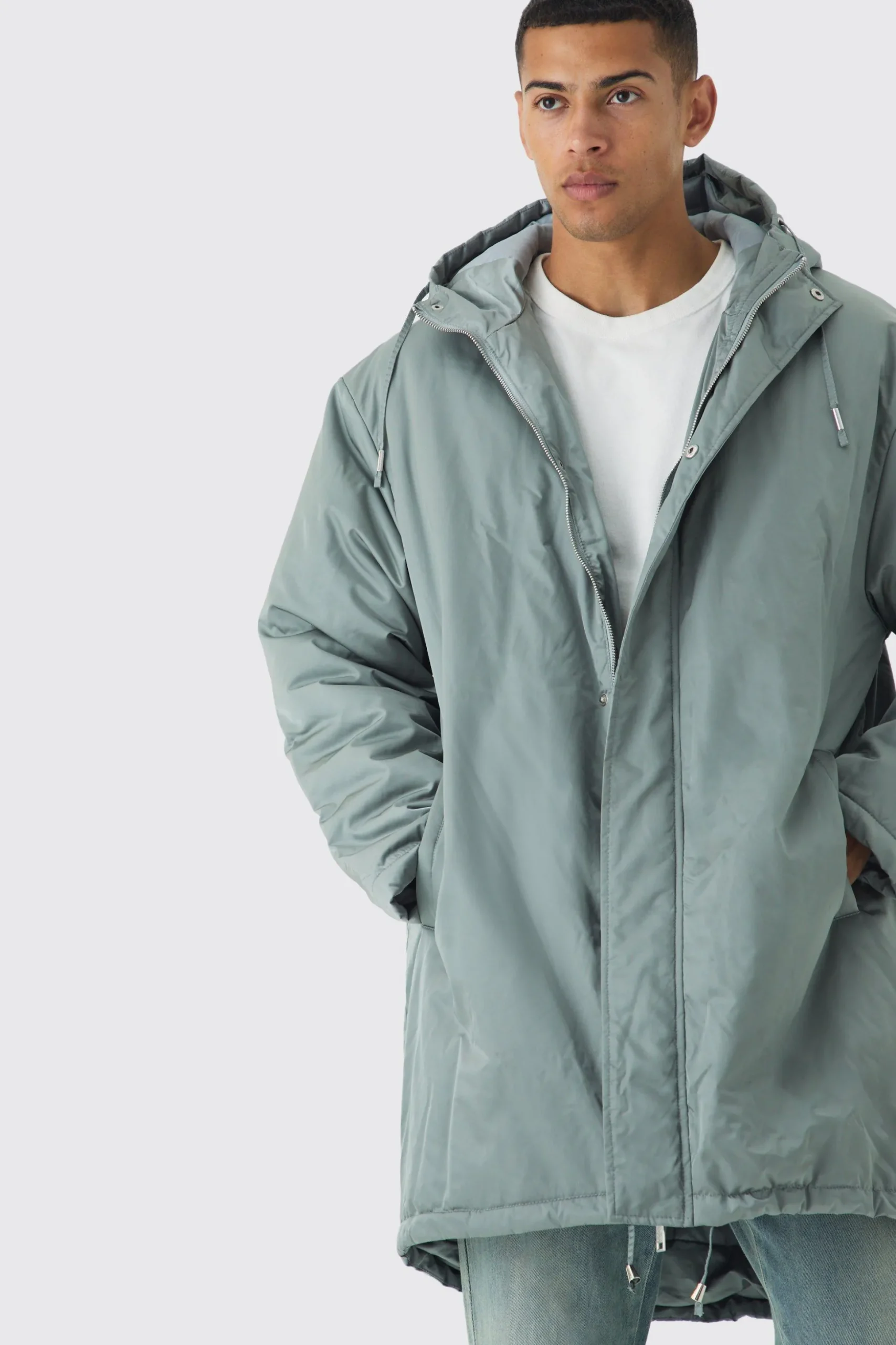 Oversized Satin Padded Longline Parka In Sage | BoohooMAN UK