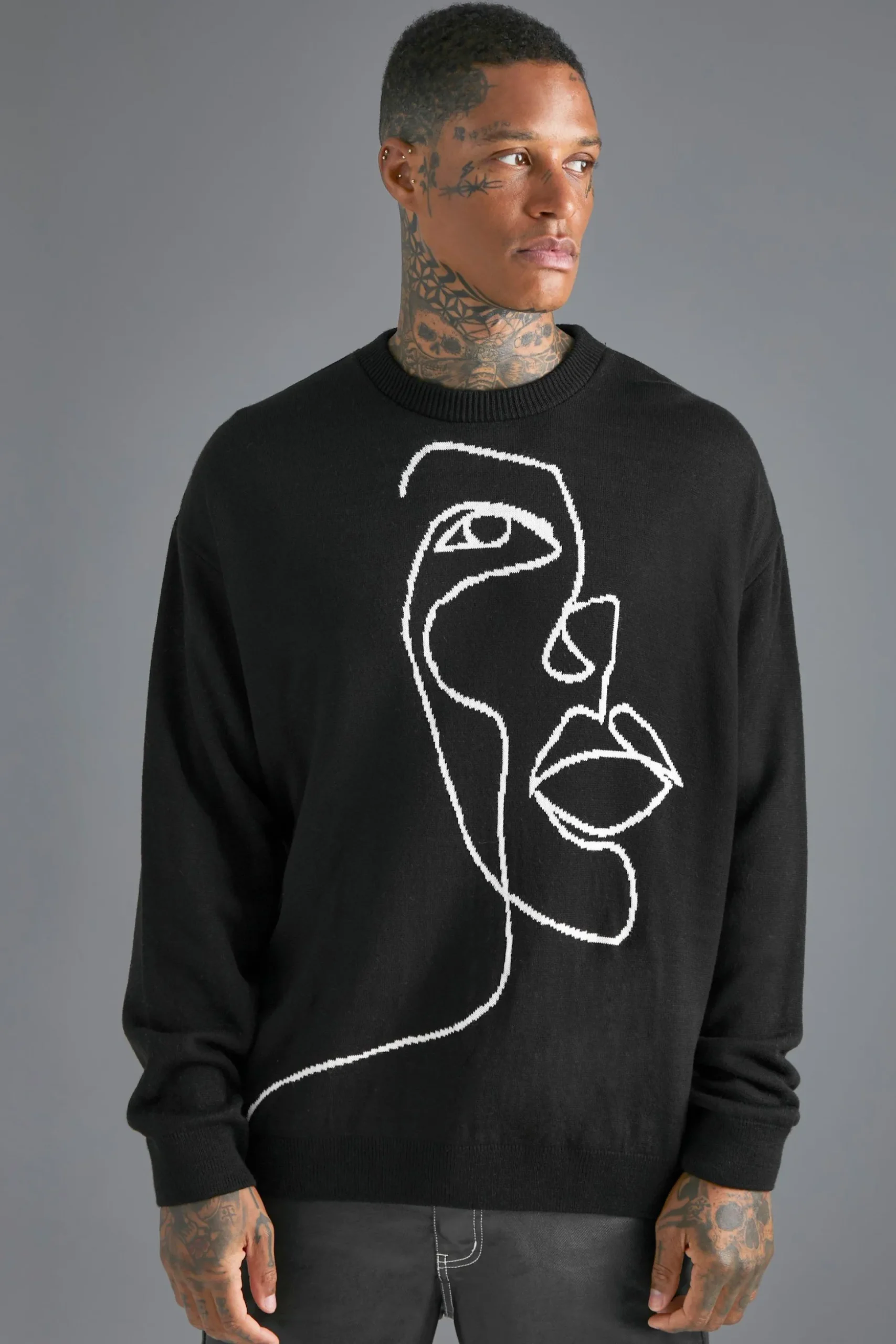 Oversized Scribble Face Knitted Jumper | BoohooMAN UK