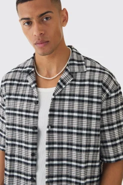 Oversized Seersucker Check Revere Short Sleeve Shirt | BoohooMAN UK