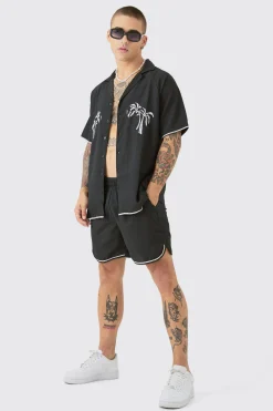 Oversized Seersucker Palm Embroidered Shirt & Short Set | BoohooMAN UK
