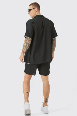 Oversized Seersucker Palm Embroidered Shirt & Short Set | BoohooMAN UK