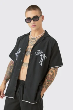 Oversized Seersucker Palm Embroidered Shirt & Short Set | BoohooMAN UK