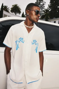Oversized Seersucker Palm Embroidered Shirt & Short Set | BoohooMAN UK