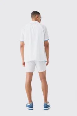 Oversized Seersucker Palm Embroidered Shirt & Short Set | BoohooMAN UK