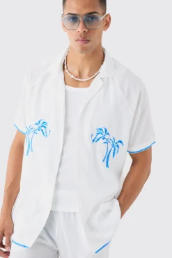 Oversized Seersucker Palm Embroidered Shirt & Short Set | BoohooMAN UK