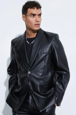 Oversized Shawl Collar Pu Blazer | BoohooMAN UK