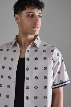 Oversized Short Sleeve Detailed Satin Shirt | BoohooMAN UK