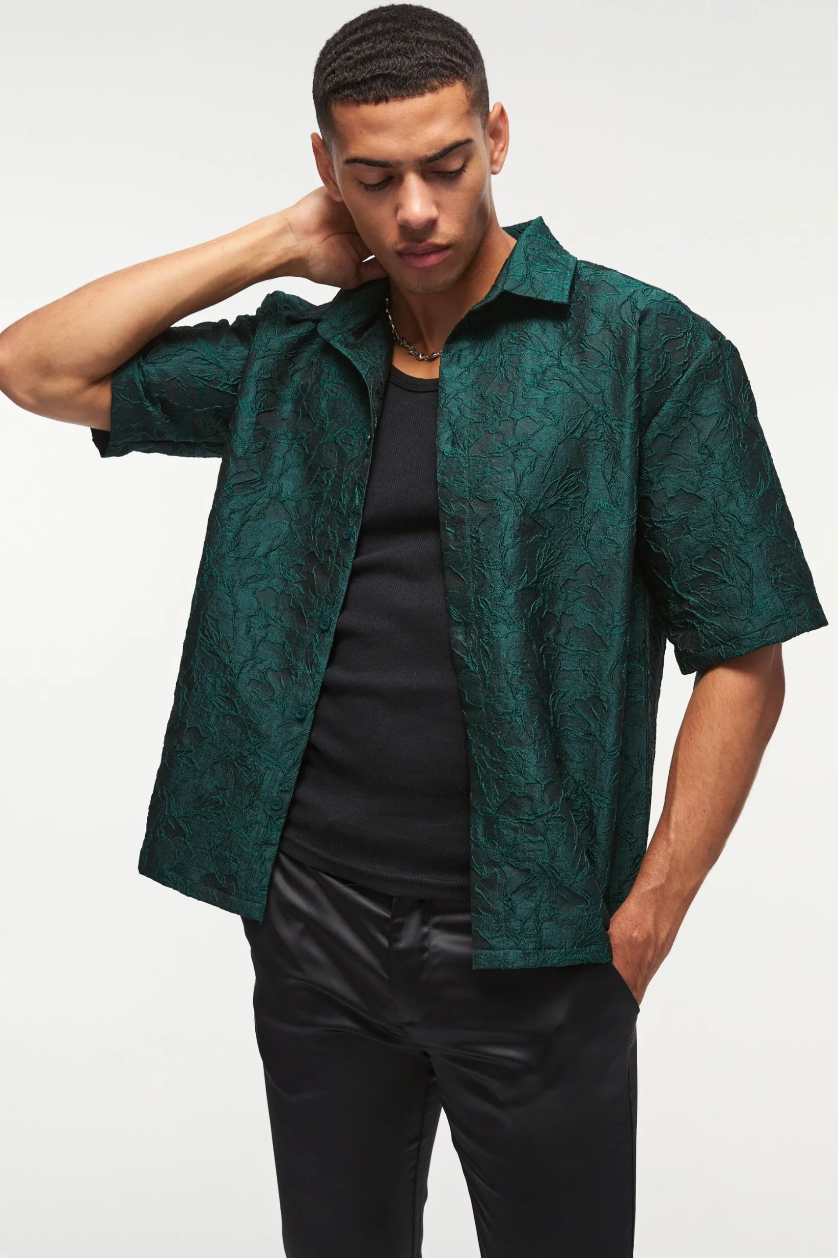 Oversized Short Sleeve Floral Jacquard Shirt | BoohooMAN UK