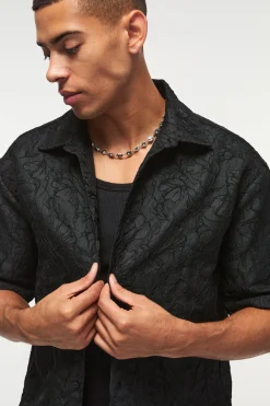 Oversized Short Sleeve Floral Jacquard Shirt | BoohooMAN UK
