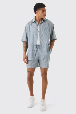 Oversized Short Sleeve Linen Look Shirt & Short Set In Black | BoohooMAN UK