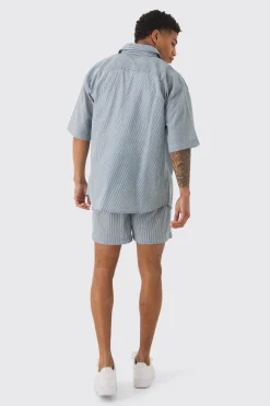 Oversized Short Sleeve Linen Look Shirt & Short Set In Black | BoohooMAN UK
