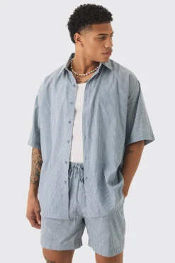 Oversized Short Sleeve Linen Look Shirt & Short Set In Black | BoohooMAN UK