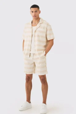 Oversized Short Sleeve Open Weave Shirt & Short Set | BoohooMAN UK