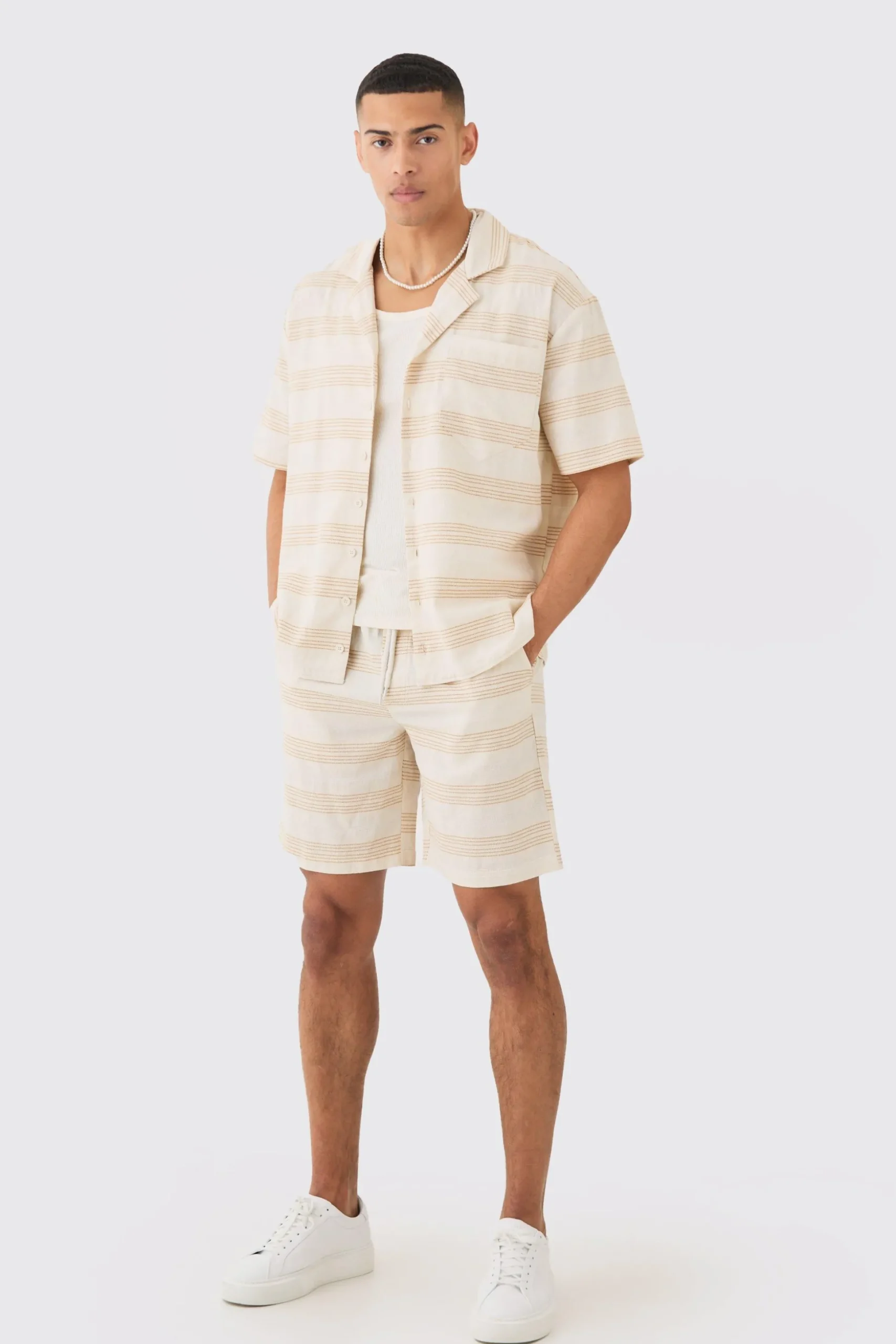 Oversized Short Sleeve Open Weave Shirt & Short Set | BoohooMAN UK