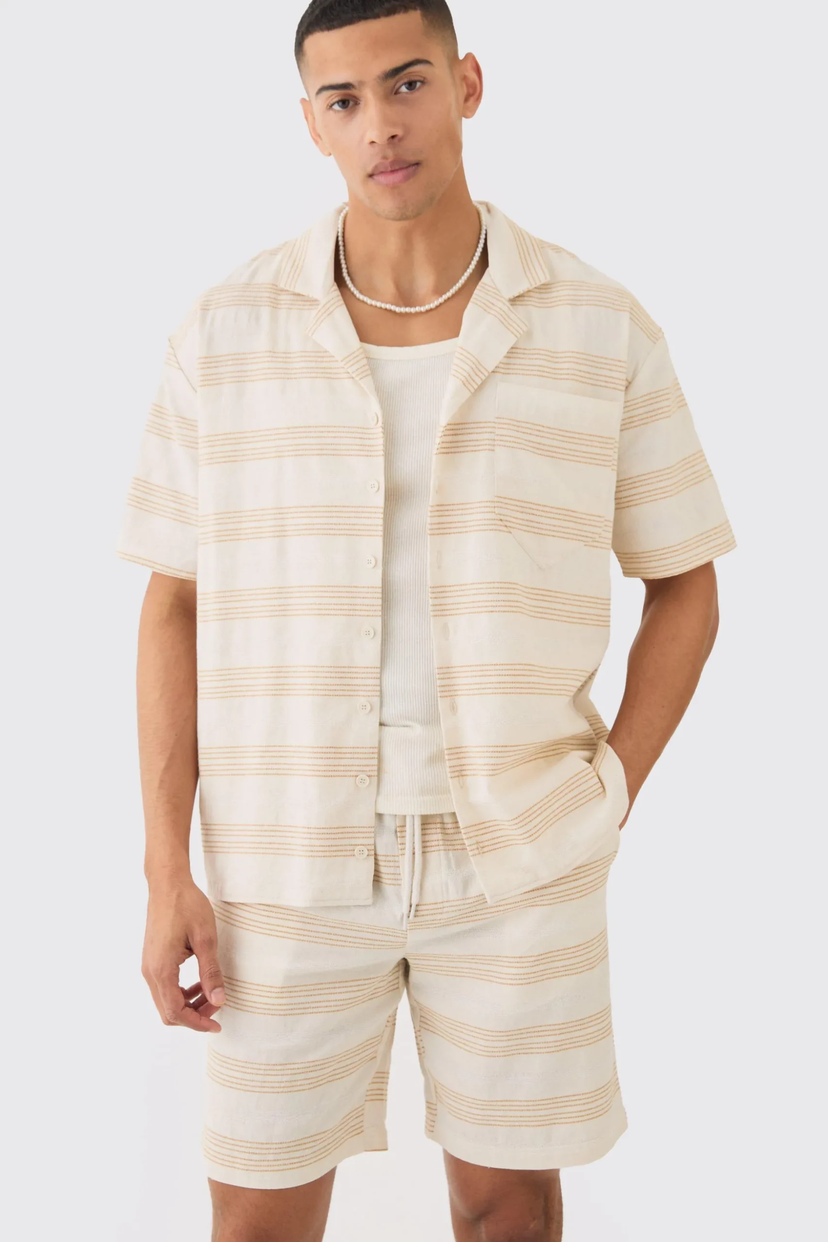 Oversized Short Sleeve Open Weave Shirt & Short Set | BoohooMAN UK