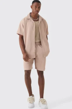 Oversized Short Sleeve Pleated Shirt And Short | BoohooMAN UK