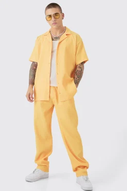 Oversized Short Sleeve Pleated Shirt & Straight Trouser Set | BoohooMAN UK