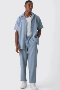 Oversized Short Sleeve Pleated Shirt & Straight Trouser Set | BoohooMAN UK