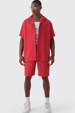 Oversized Short Sleeve Pleated Shirt And Short Set | BoohooMAN UK
