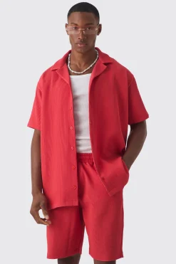 Oversized Short Sleeve Pleated Shirt And Short Set | BoohooMAN UK
