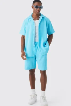Oversized Short Sleeve Pleated Shirt And Short Set | BoohooMAN UK